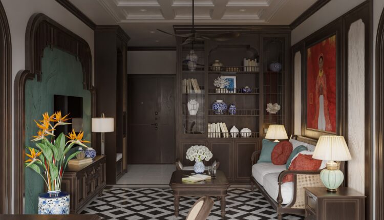12948. 3D Indochine Living Room – Kitchen Interior Model Download by Phong Tran