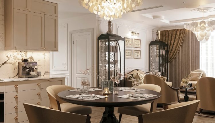 13331. Free 3D Neoclassical Living Room – Kitchen Interior Model Download By The Hoang