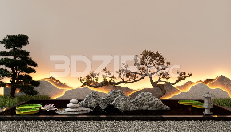 19073. Zen Garden 3D Model – Decorative Stone, Water and Bonsai Tree (2)