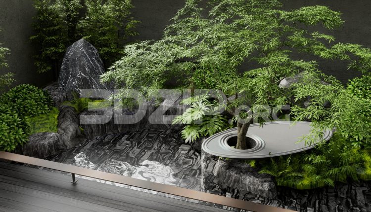 19077. Japanese Landscape 3ds Max – Artistic Waterfall, Pond Reflection & Greenery (2)