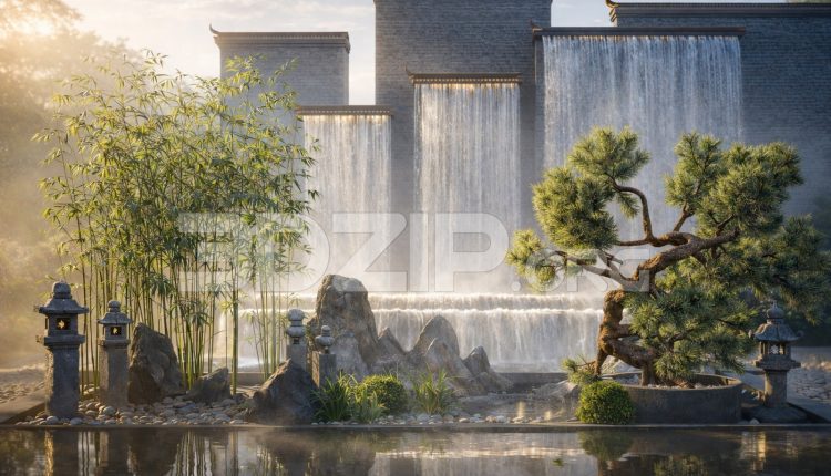 19081. Japanese Zen Garden Waterfall Design – Traditional Asian Landscape Architecture 3ds Max Model (1)
