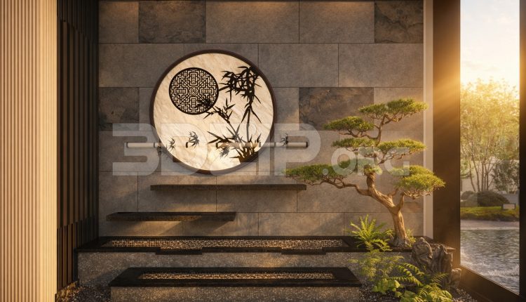 19084. Japanese Zen Interior Wall Design with Bonsai and Stone Texture – 3ds Max Model (1)