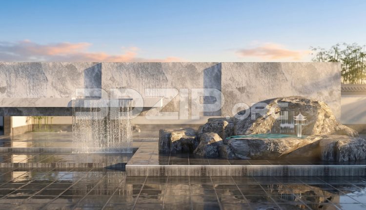 19092. Modern Zen Stone Fountain Courtyard – Free 3ds Max Landscape Model (1)