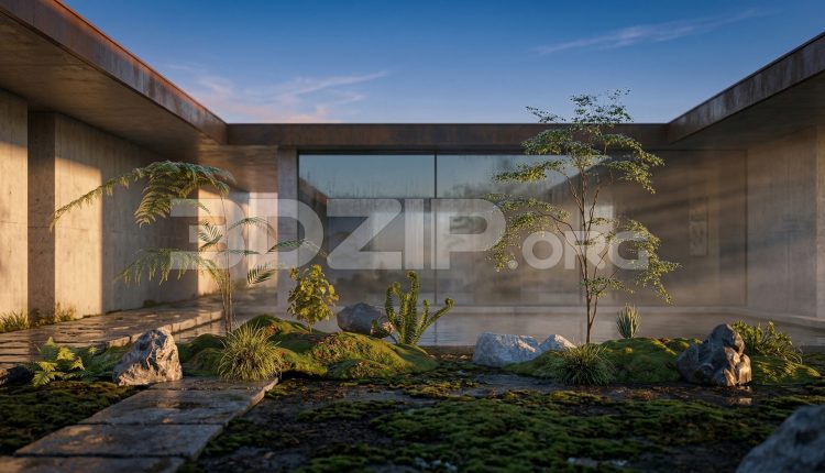 19101. Modern Interior Zen Garden in 3ds Max with Natural Skylight Lighting (1)