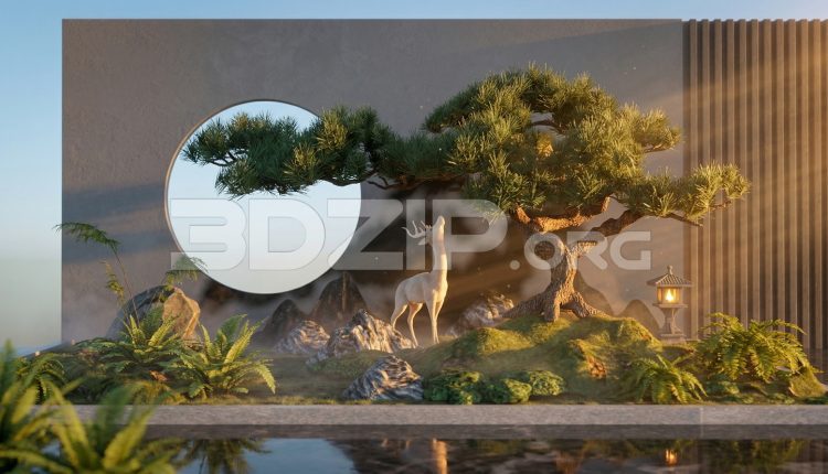 19102. 3ds Max Corona Render Modern Zen Garden with White Deer (1)