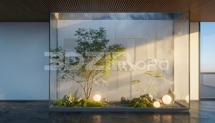 19105. 3ds Max Interior Visualization Minimalist Zen Garden with Glass Enclosure (1)
