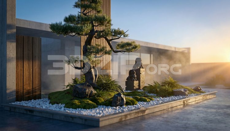 19111. Japanese Zen Garden Courtyard 3Ds Max Scene – Bonsai Tree & Stone Landscape Render (1)