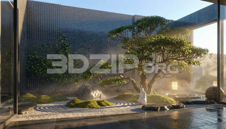 19119. 3ds Max Archviz – Zen Garden with Bonsai Tree and Natural Lighting (1)