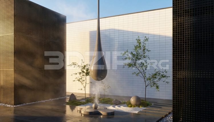 19123. Modern Japanese Zen Courtyard 3D Model – Minimal Landscape 3ds Max (1)