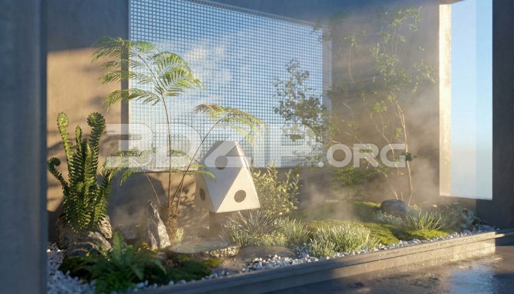 19125. 3ds Max Exterior Render Modern Zen Garden Courtyard with Fog & Soft Light (1)