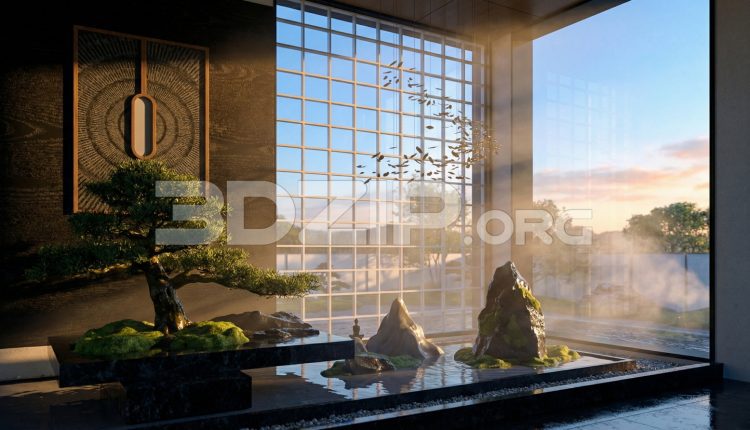 19129. Minimal Japanese Zen Interior 3D Scene with Bonsai and Rocks – 3ds Max (1)