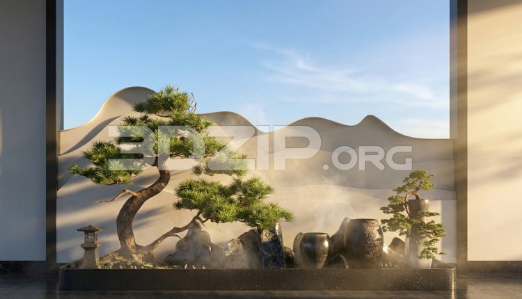 19130. Modern Japanese Zen Interior Garden 3D Scene – 3ds Max Render (1)