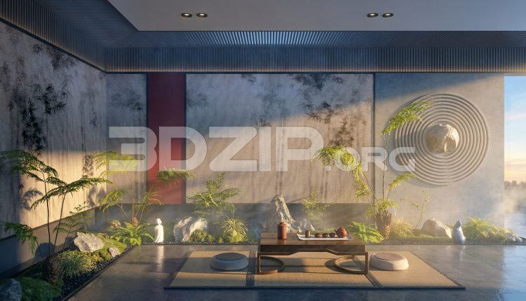 19131. Japanese Style Zen Room in 3ds Max – Minimalist Interior with Indoor Garden (1)