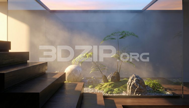 19132. 3ds Max Archviz – Modern Minimalist Staircase with Indoor Zen Garden (1)