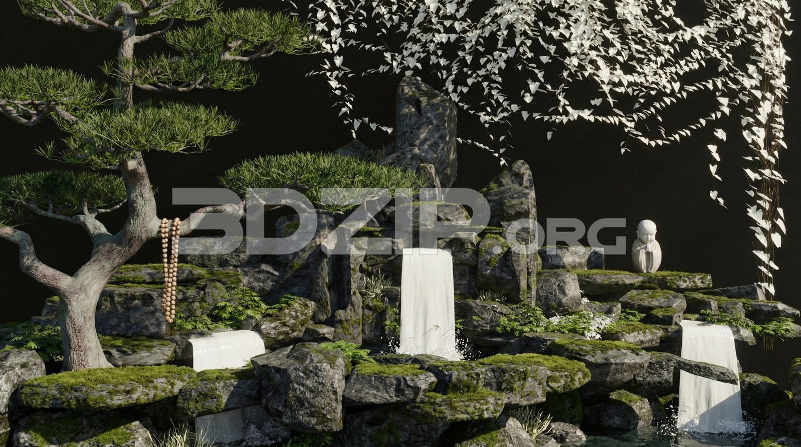 19139. 3ds Max Nature Scene Zen Garden, Waterfall, Mossy Rocks & Bonsai Tree (1)