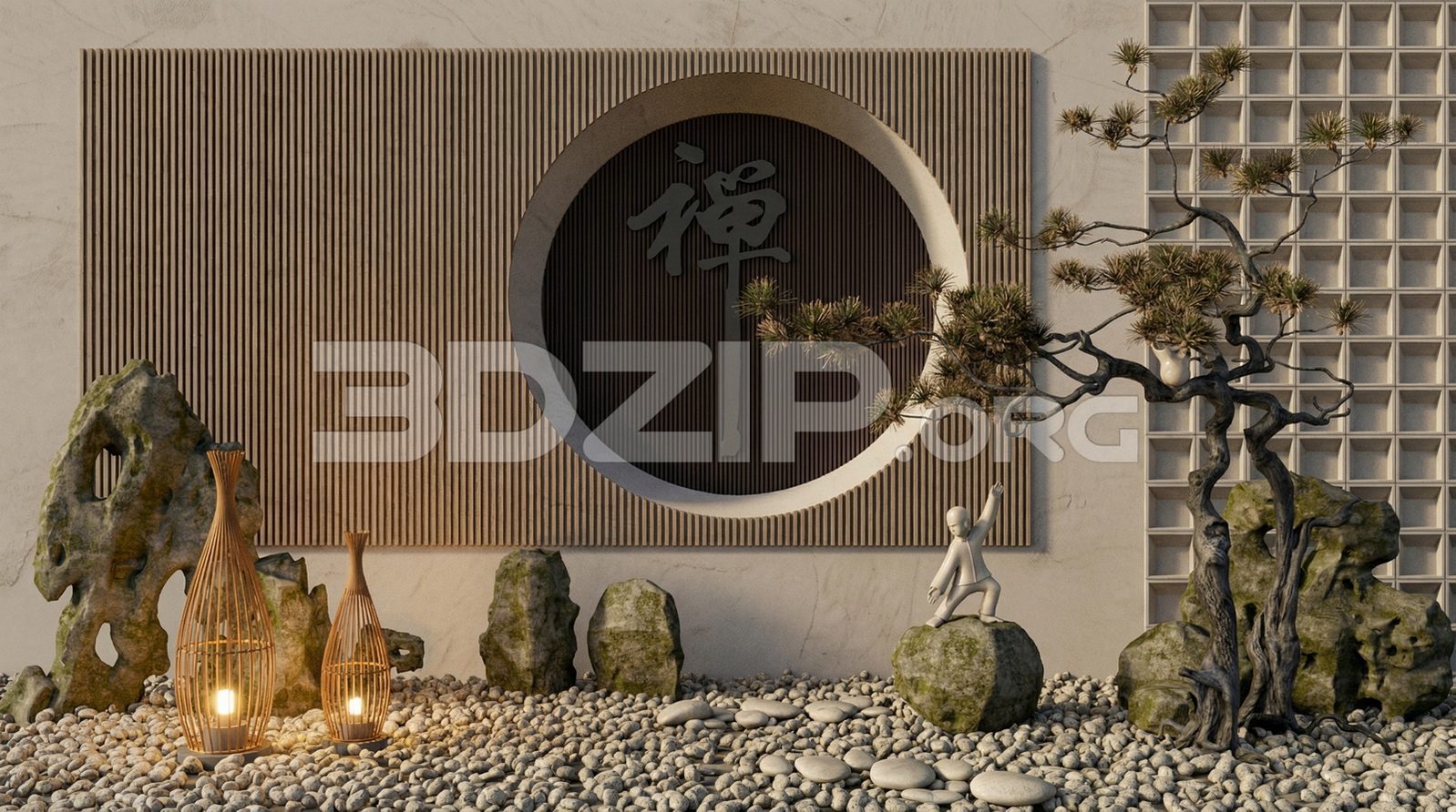 19144. Modern Japanese Zen Garden Design with Moon Gate – 3ds Max Visualization (1)