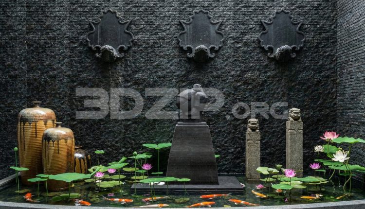19150. Traditional Zen Garden Pond with Lotus and Koi – 3ds Max Render (1)