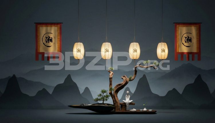 19158. Japanese Zen Interior Scene with Bonsai Tree and Hanging Lanterns – 3ds Max Render (1)