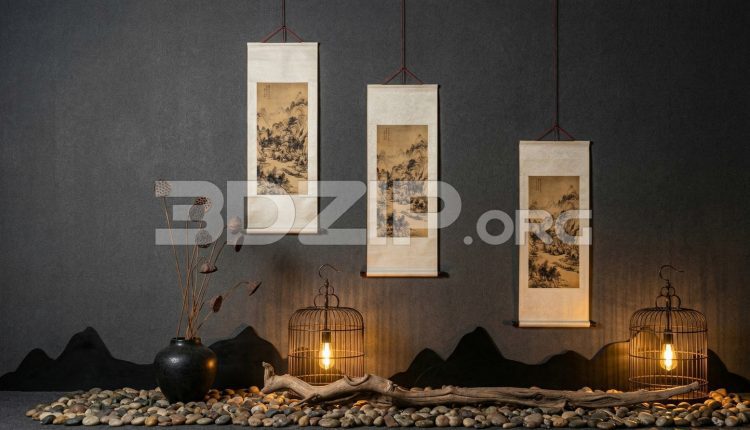 19167. Asian Interior Decor Scene 3ds Max Traditional Scroll Paintings and Zen Lighting Design (1)