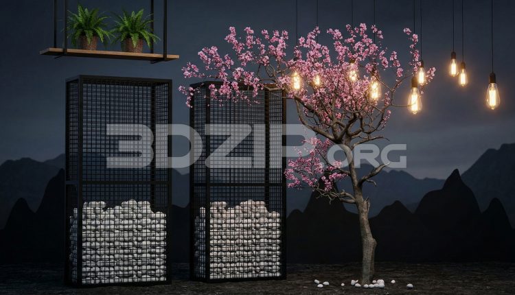 19173. Contemporary Zen Garden Interior with Sakura Tree 3ds Max Render Design (1)