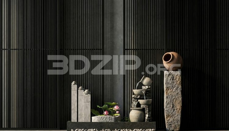 19175. Japanese-Inspired Minimalist Scene with Water Feature 3ds Max Visualization (1)