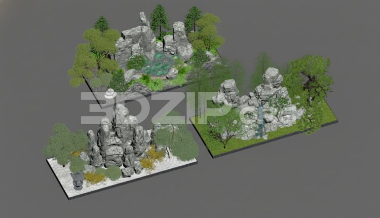 19177. 3ds Max Landscape Design – Zen Garden with Rocks, Water & Trees (1)