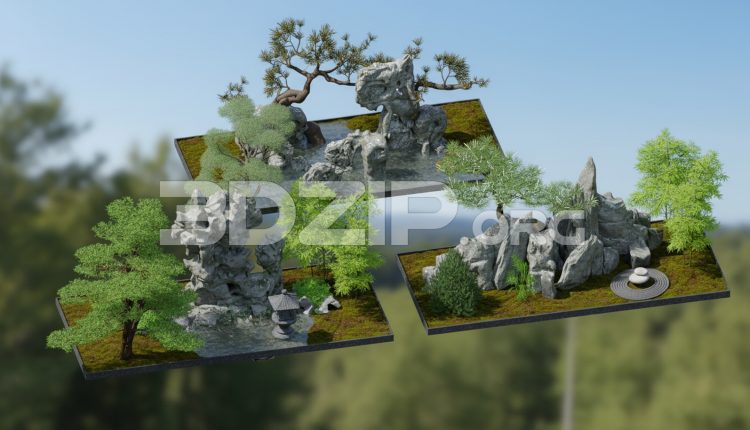 19178. Japanese Zen Garden 3D Scene 3ds Max Rock, Bonsai & Water Landscape (1)