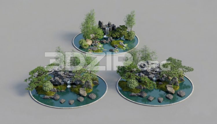 19182. Japanese Pond Garden 3D Model 3ds Max Waterfall, Rocks & Trees Scene (1)