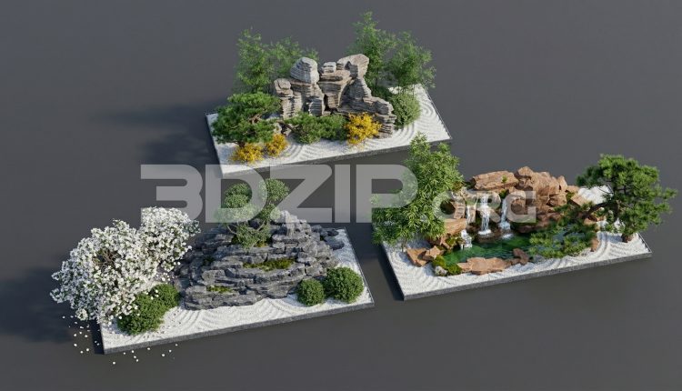 19187. 3ds Max Japanese Garden Collection with Rock, Sand & Natural Elements (1)