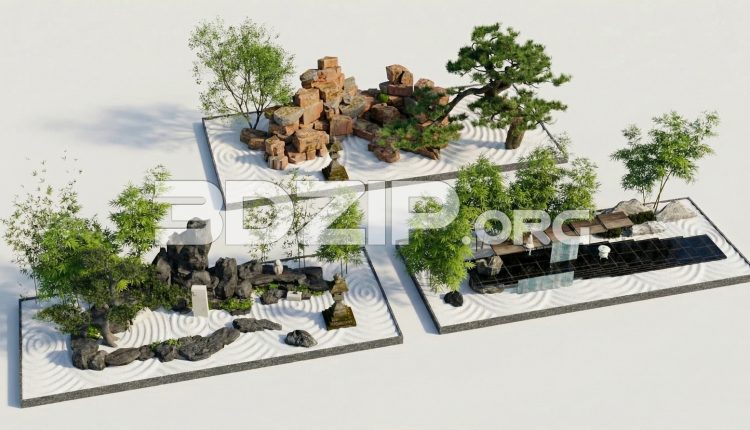 19188. Asian Zen Garden Scenes with Raked Sand, Stone Lantern & Bonsai Trees 3ds Max Render (1)