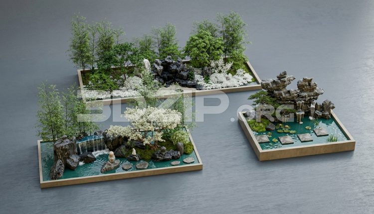19191. Asian Style Rock Garden with Pond and Waterfall 3ds Max Landscape Visualization (1)