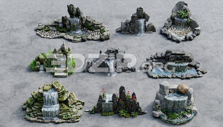 19201. 3D Mini Waterfall Rock Set with Ponds 3ds Max Exterior Visualization (1)