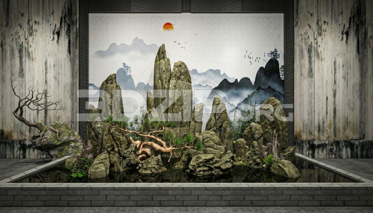 19202. 3ds Max Asian Zen Garden Landscape with Natural Rocks, Bonsai Tree and Water Reflection Render (1)
